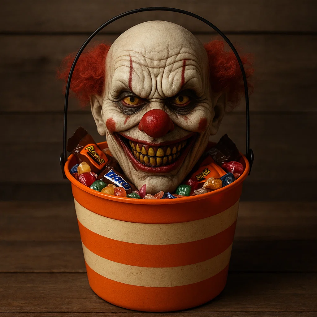 Evil clown head in striped candy bucket filled with sweets.