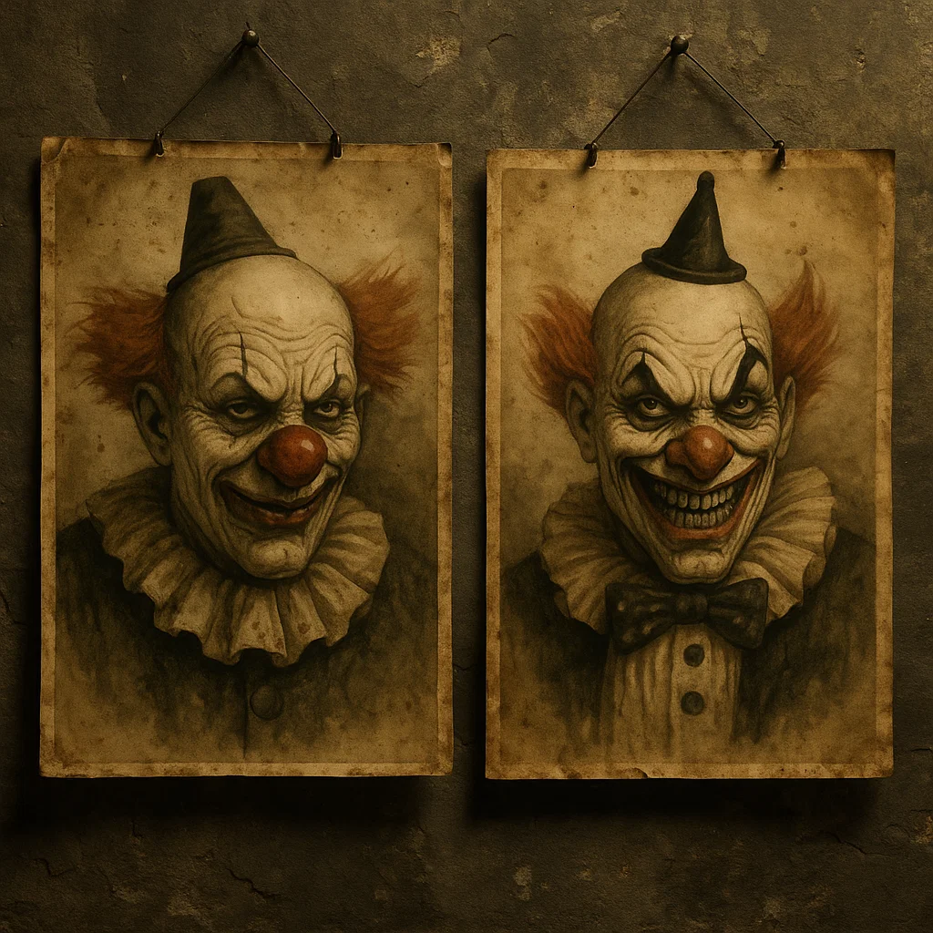 Vintage clown posters with eerie faces and aged paper.
