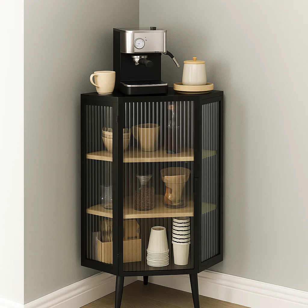 Black corner cabinet with coffee maker and cups organized
