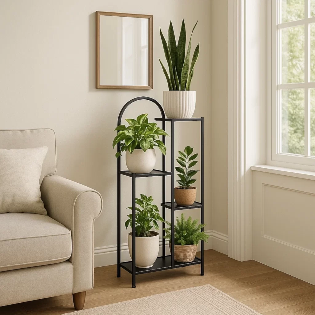 Black metal plant stand with assorted compact green plants.