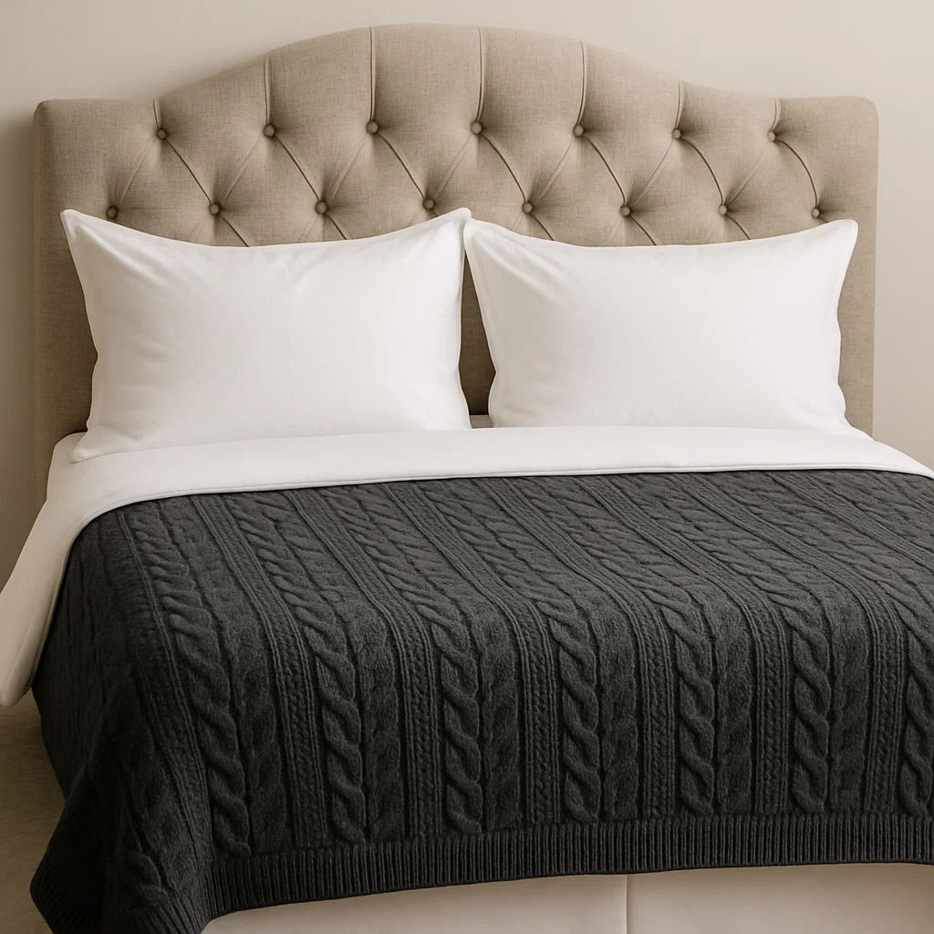 Coordinated or contrasting blanket styled on bed, complementing or contrasting with bedding colors.

