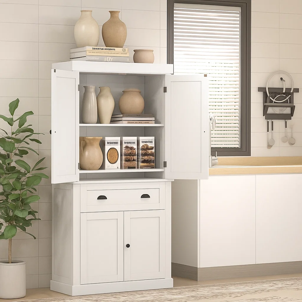 White cabinet displaying neutral pottery vases and cookbooks