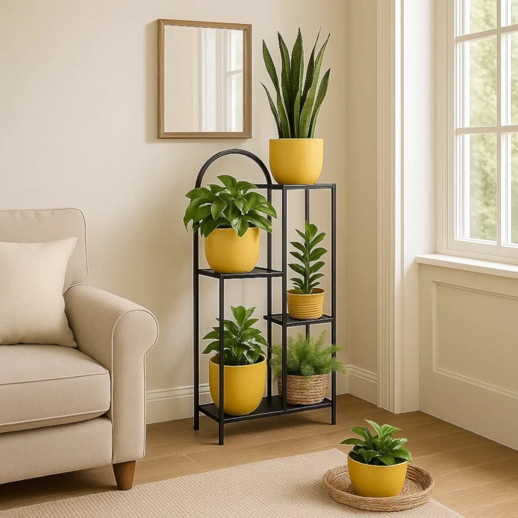 Black metal plant stand with matching yellow pots and plants.