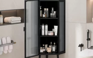 Black corner cabinet with skincare and toiletries in bathroom