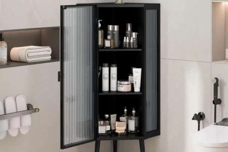 Black corner cabinet with skincare and toiletries in bathroom