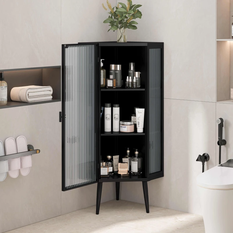 Black corner cabinet with skincare and toiletries in bathroom
