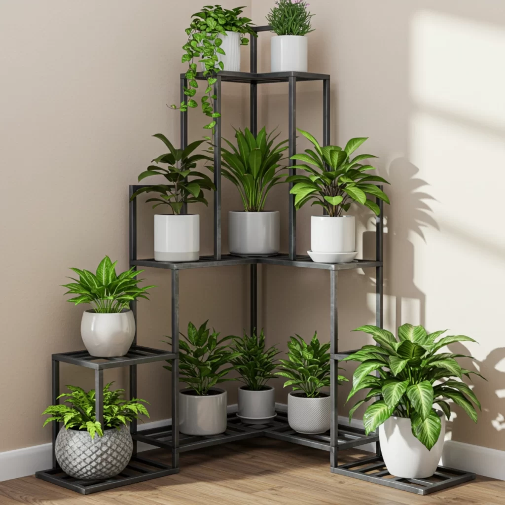 Corner tiered metal plant stand with green potted plants
