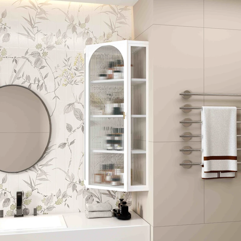White corner wall cabinet with textured glass doors in bathroom