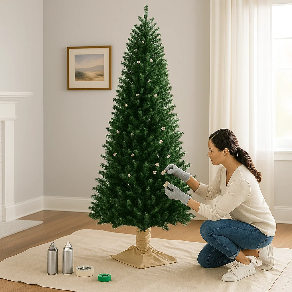 Woman covering Christmas tree pot with tape before spray painting