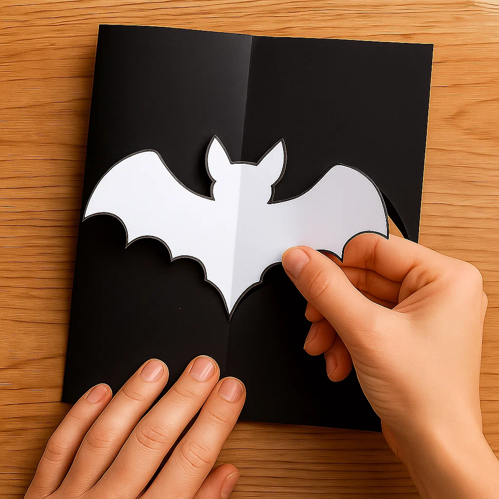 Hand placing folded paper bat cutout onto black card.