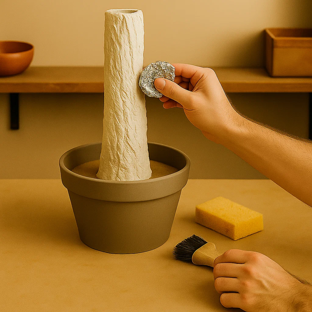 Hand pressing foil onto trunk surface for texture.