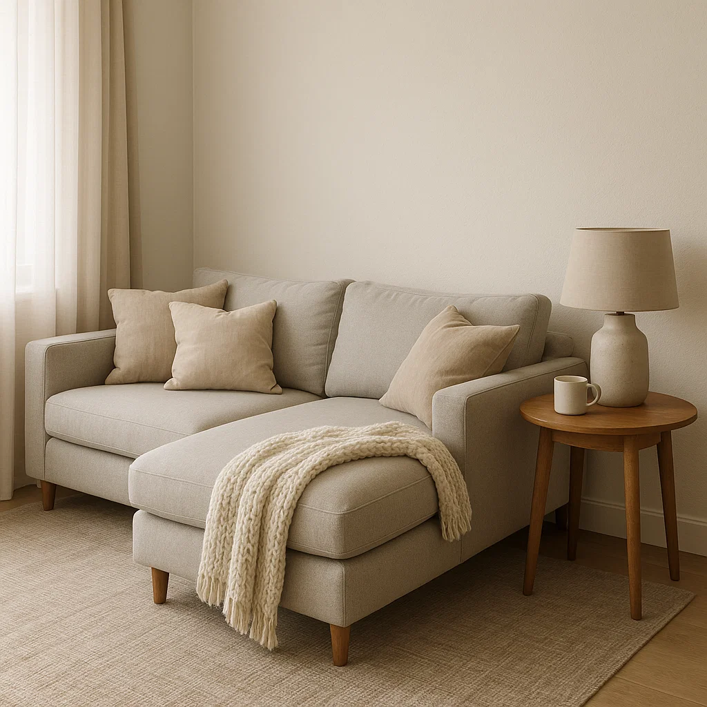 Small beige sofa with throw blanket beside wooden side table.