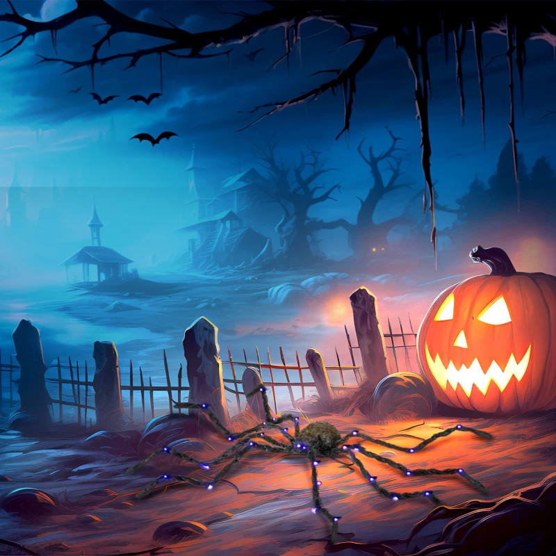 Spooky pumpkin scene with glowing spider and dark haunted graveyard.
