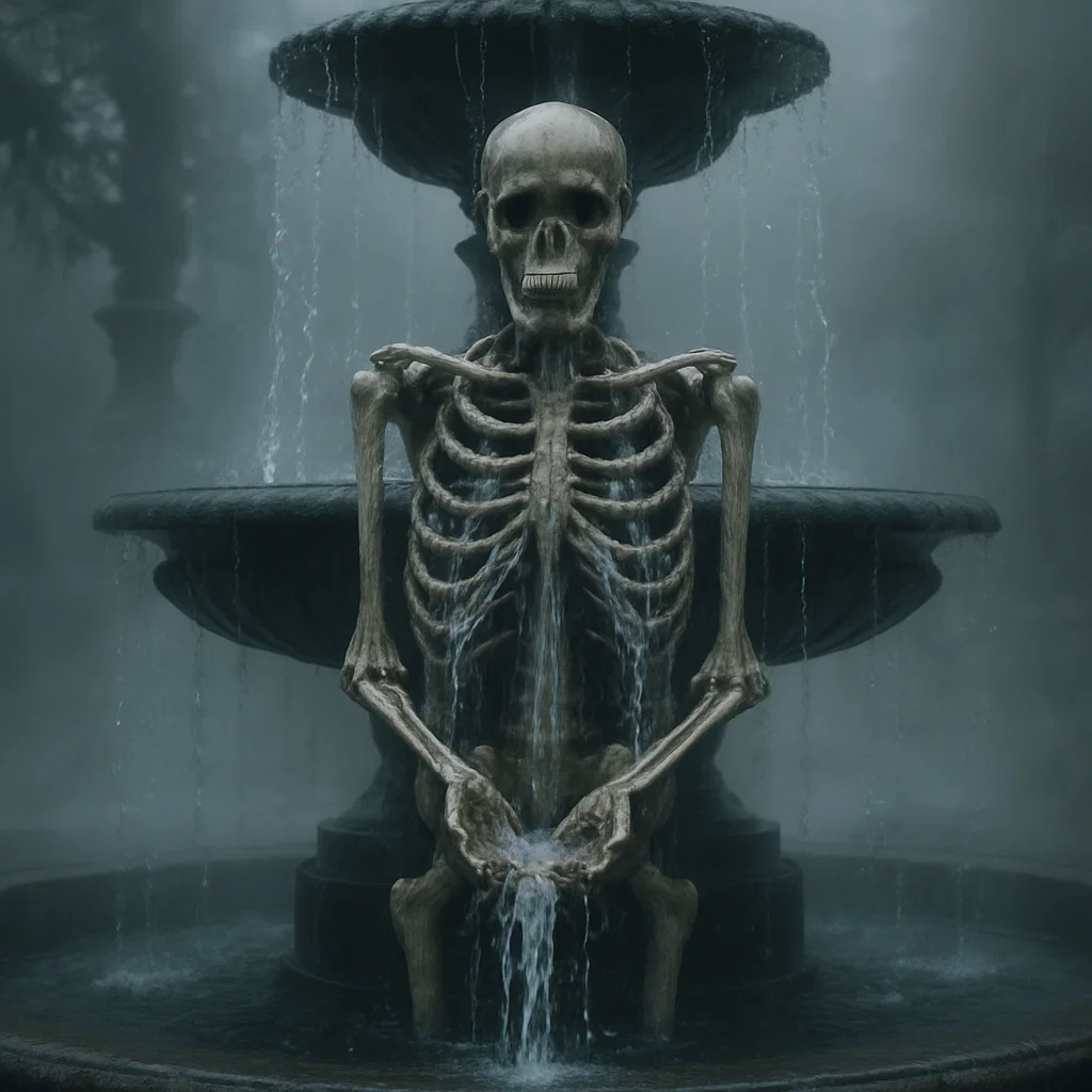Skeleton sitting in fountain with water flowing through bones.