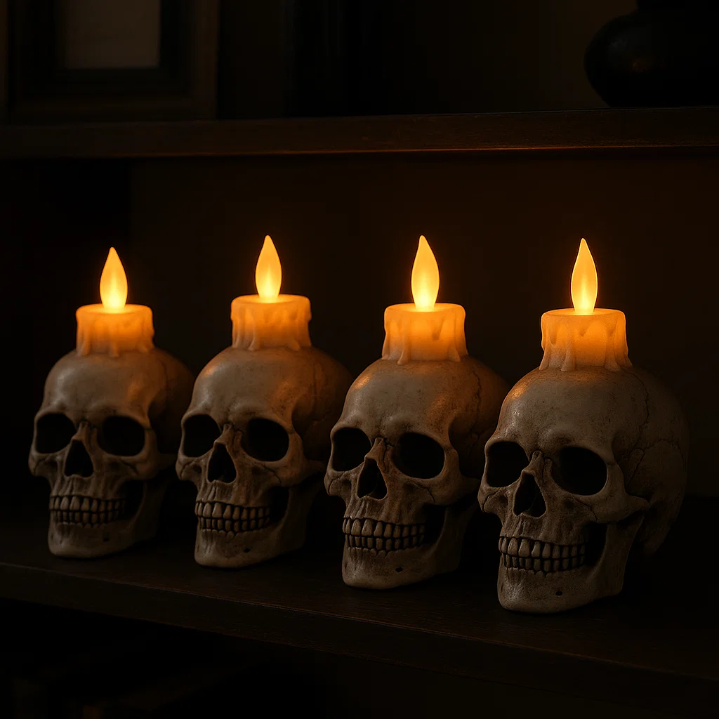 Skull-shaped LED candles glowing with flickering light