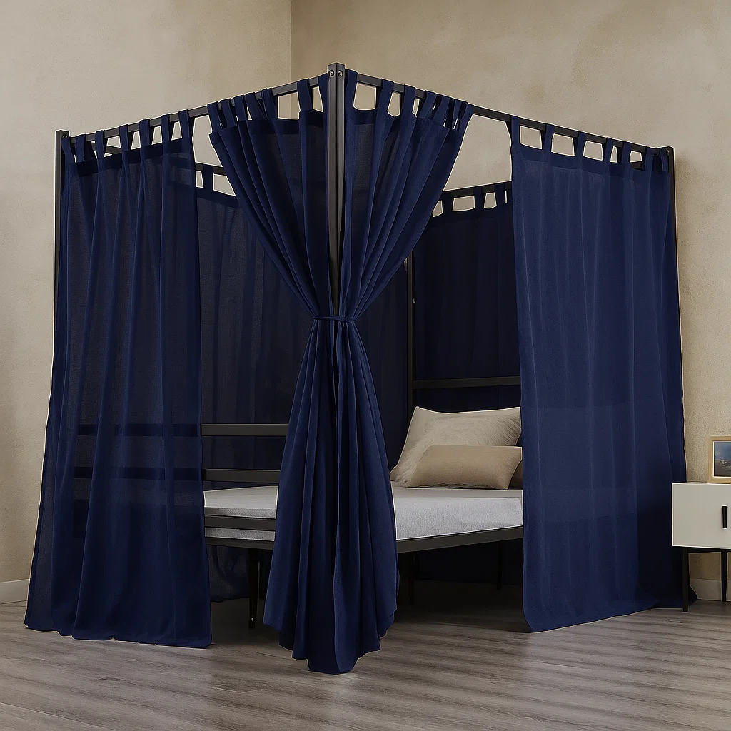 DIY bed frame concealment with curtain panels for a budget-friendly, textured solution.

