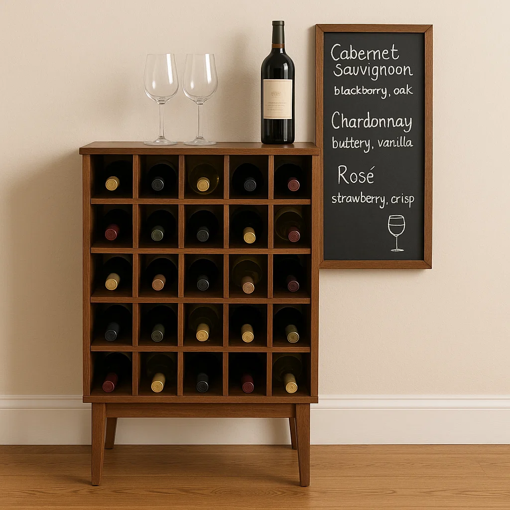 Wine cabinet beside chalkboard listing wine varieties and notes.