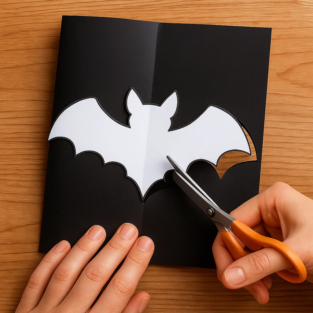 Hand cutting white paper bat stencil on black card with scissors.