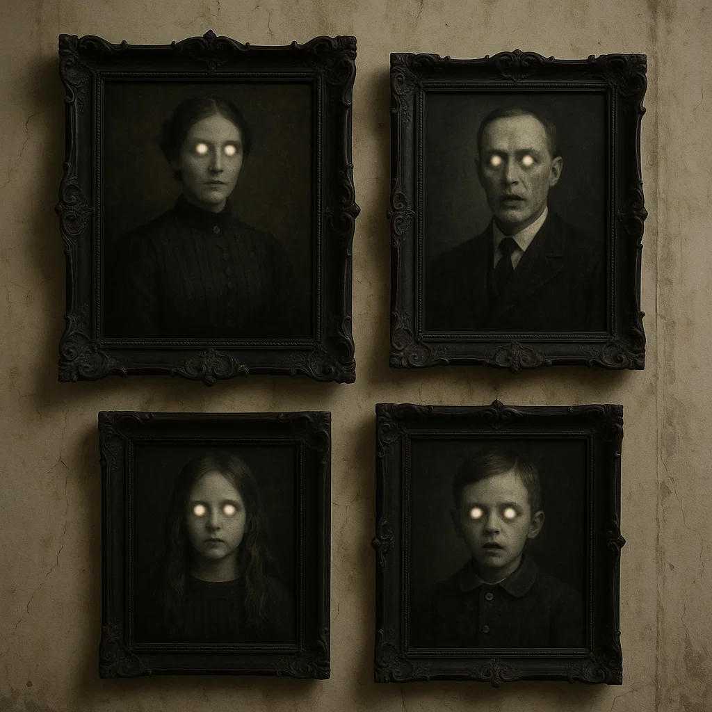 Haunted family portraits with glowing white eyes