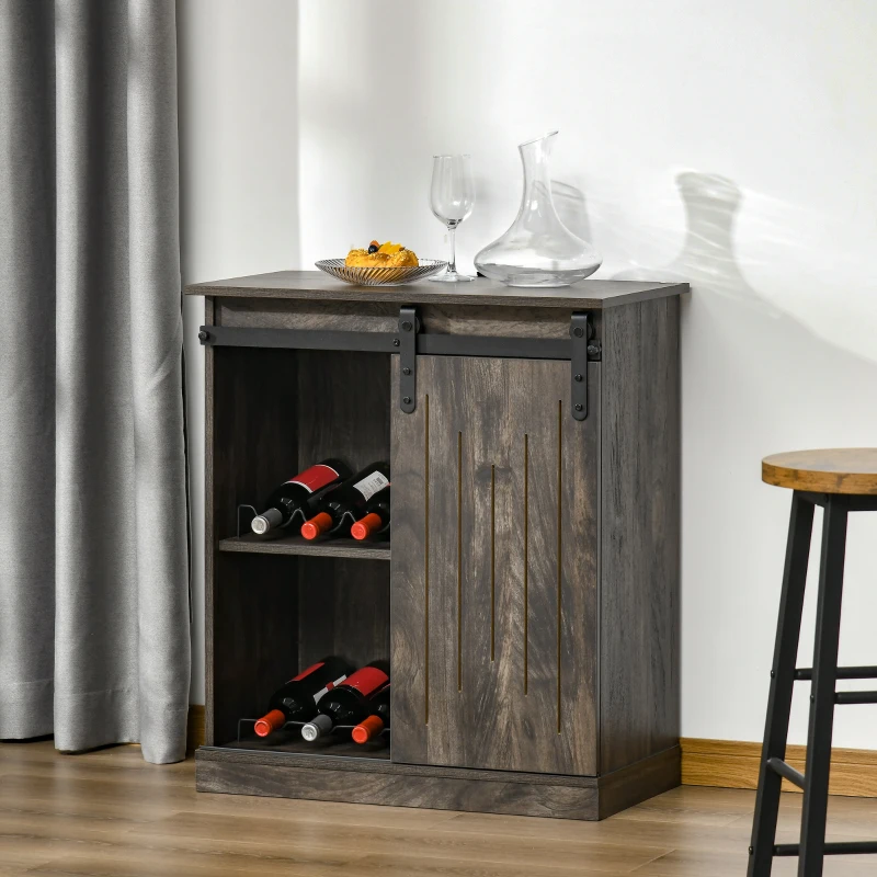 Gray wine cabinet with sliding barn doors and glass decanter.