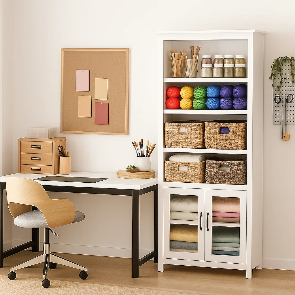 White hutch cabinet with woven baskets and folded textiles for organized storage.
