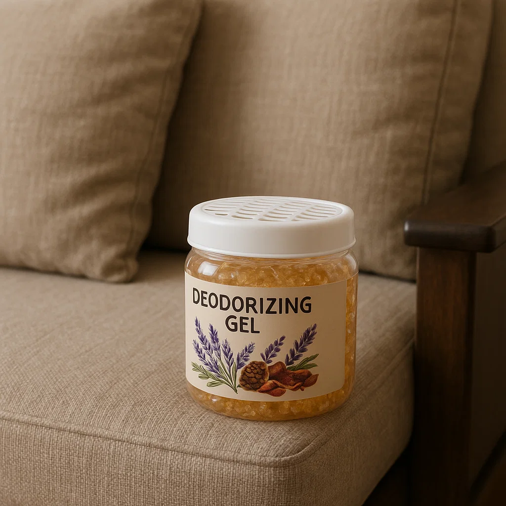 Jar of deodorizing gel placed on beige fabric sofa