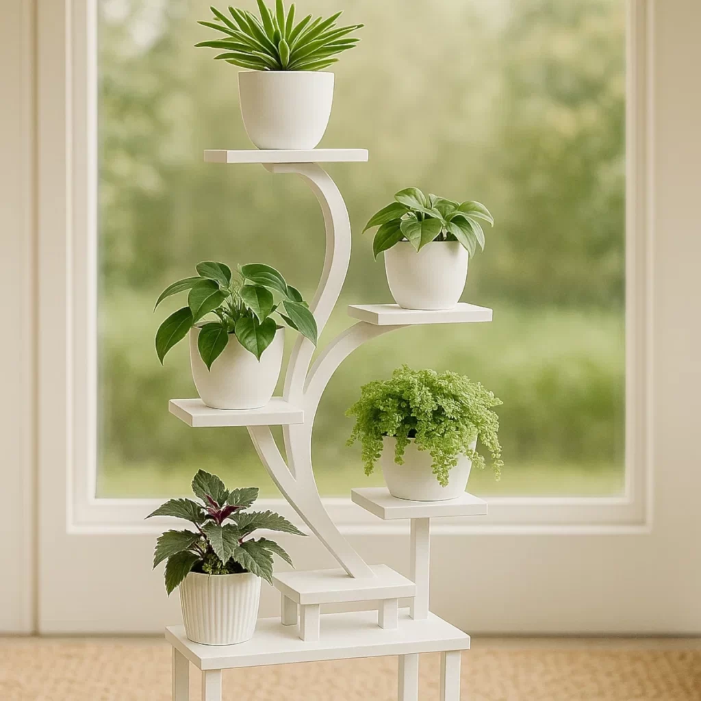 White painted plant stand decorated with green potted plants.