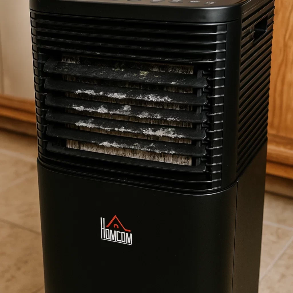 Portable AC with dirty evaporator coils showing dust buildup.