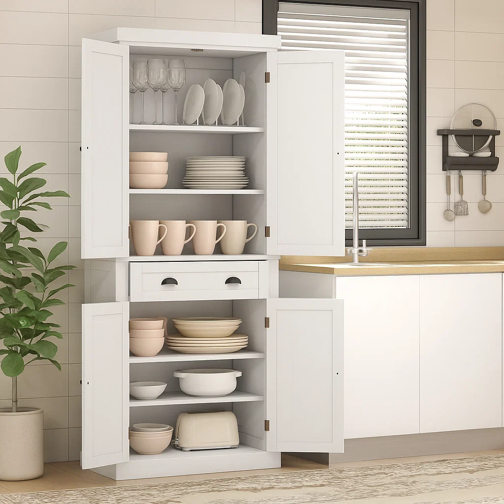 White cabinet with open shelves showing plates, cups, and glasses