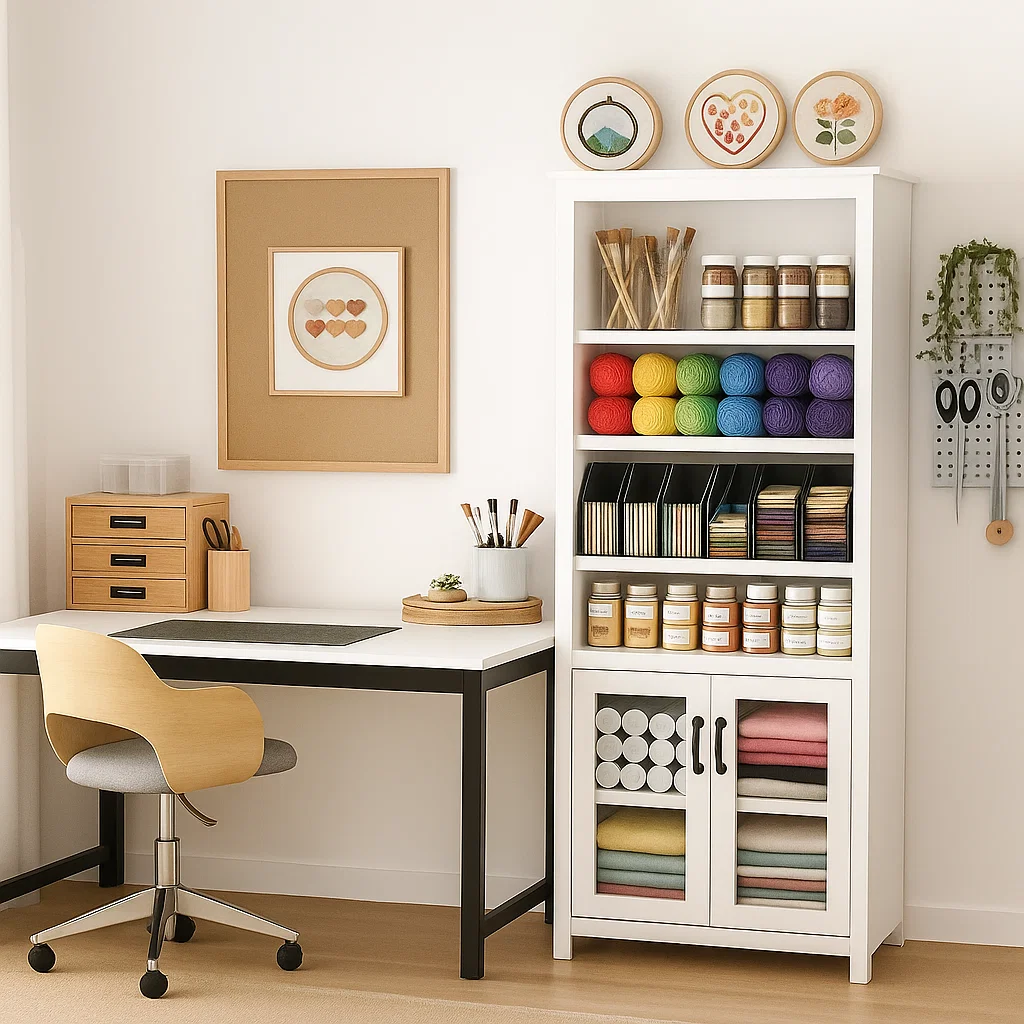 Craft hutch cabinet styled with yarn, jars, fabric, and creative supplies in an organized workspace.

