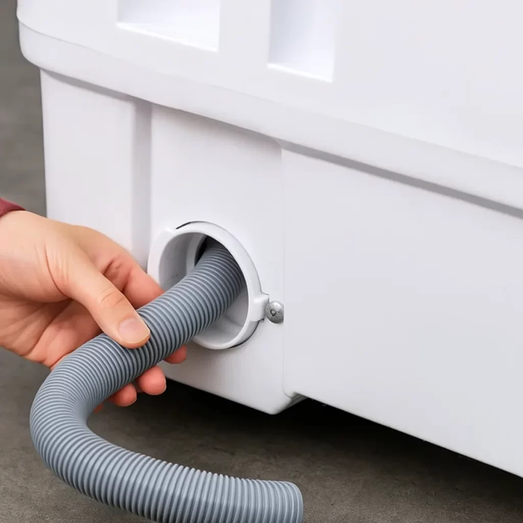 Hand adjusting gray drain hose at back of washing machine
