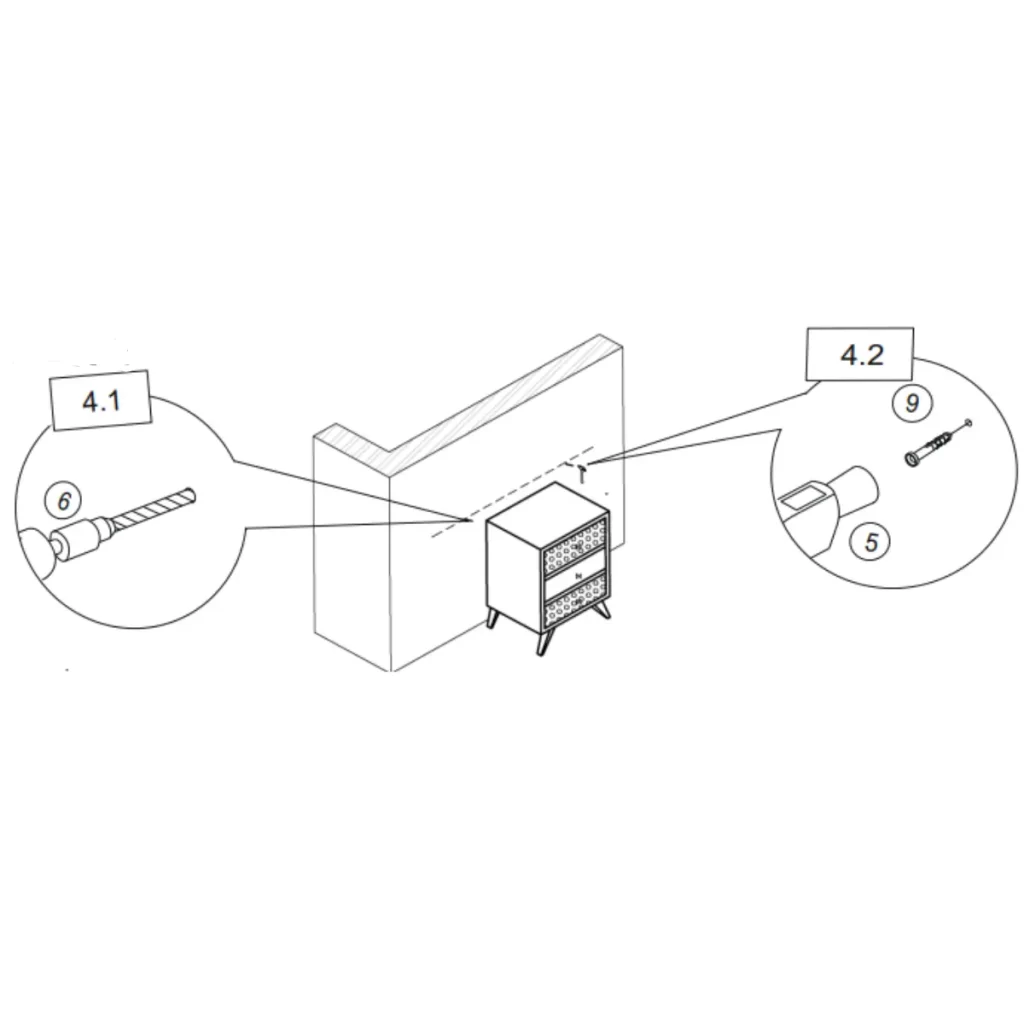Power drill creating guide holes in wall for securing brackets.