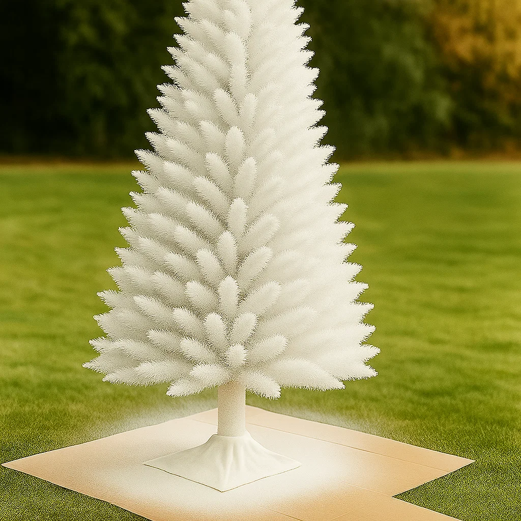 Painted white artificial Christmas tree drying outdoors on cardboard.