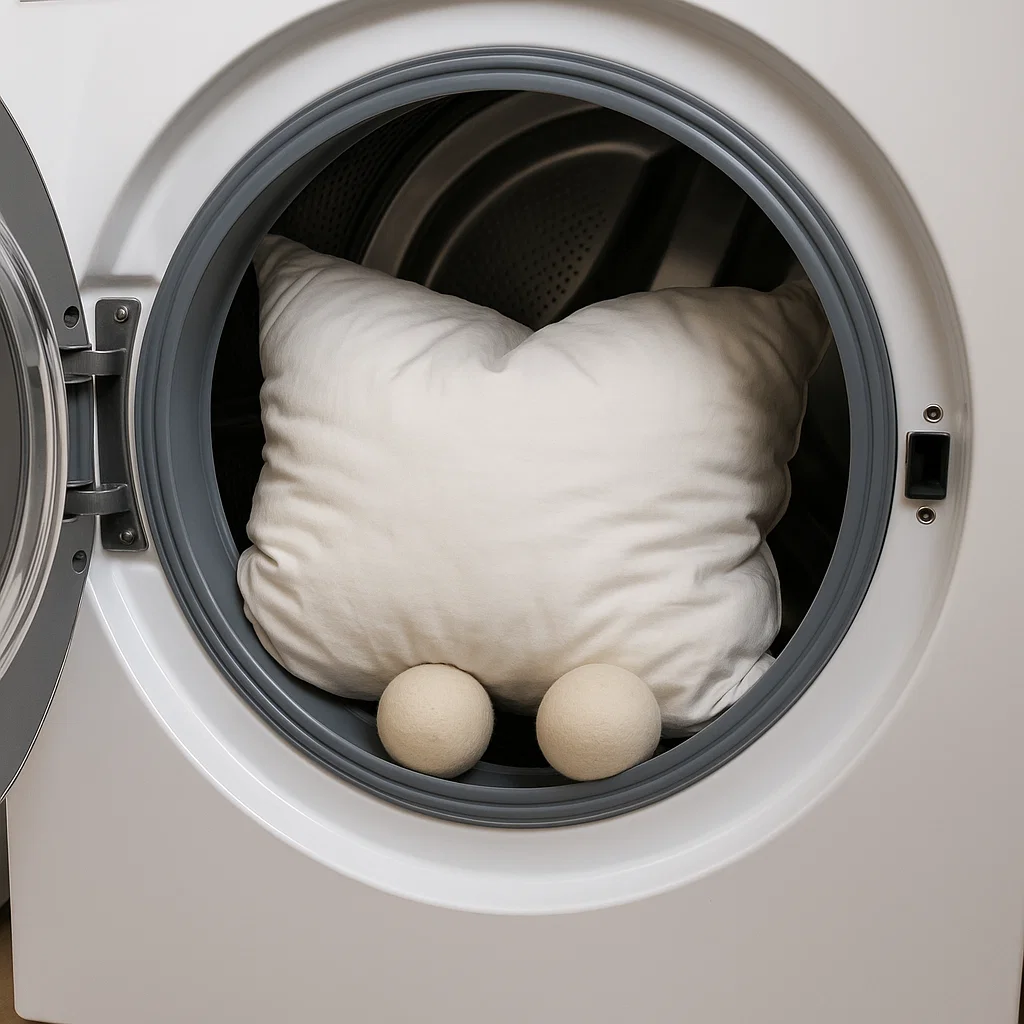 White pillow in dryer with wool dryer balls