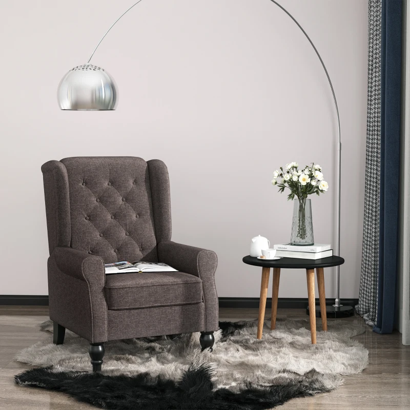 Dark brown armchair on fluffy rug beside side table.
