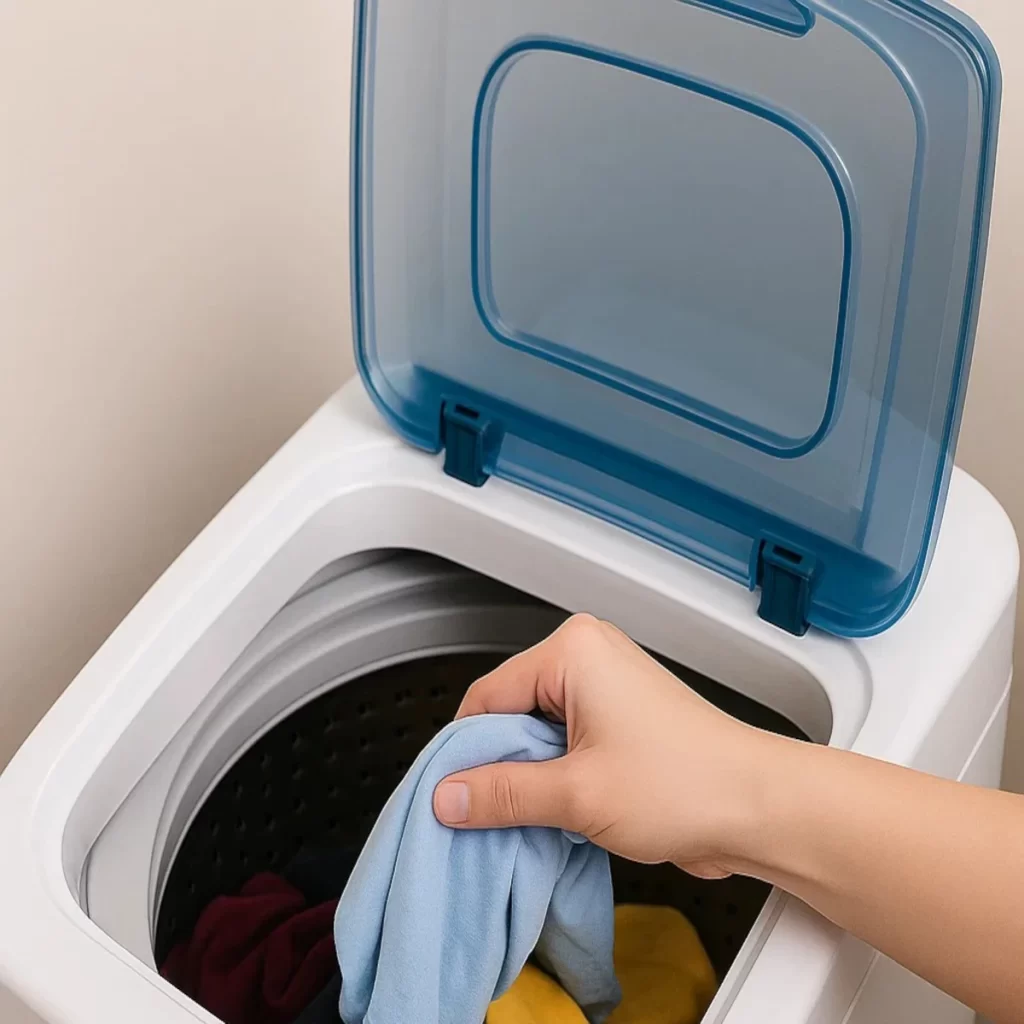 Person removing clothes from portable washing machine