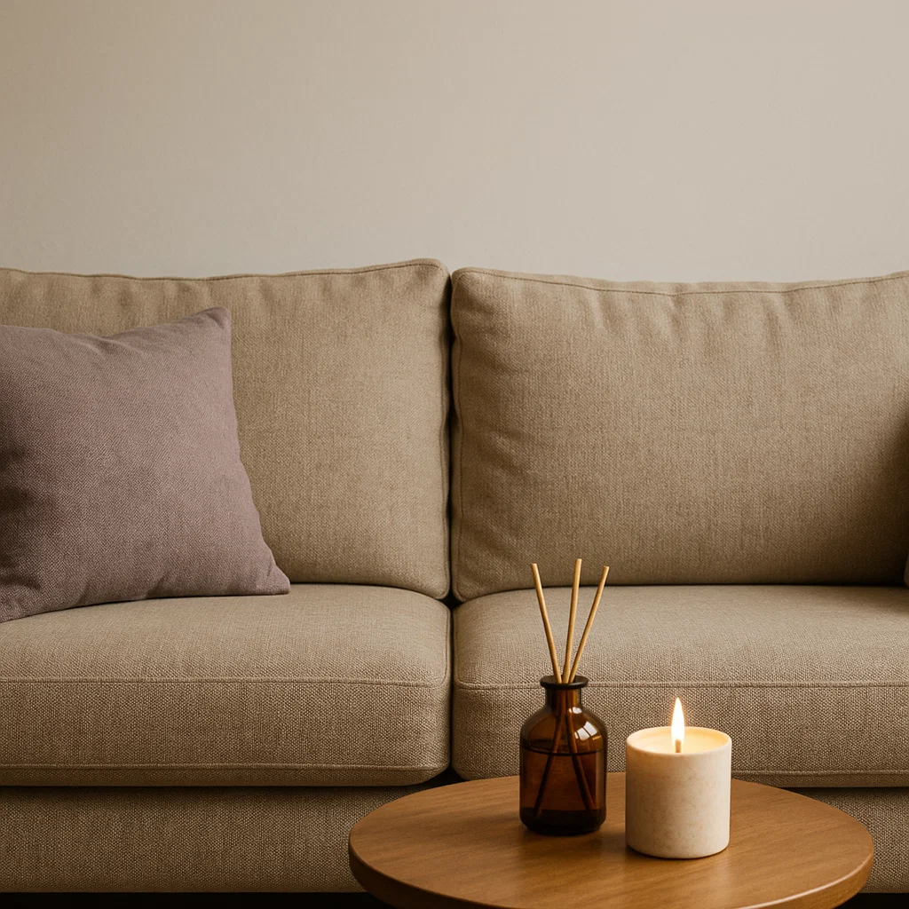 Beige sofa with lit candle and reed diffuser
