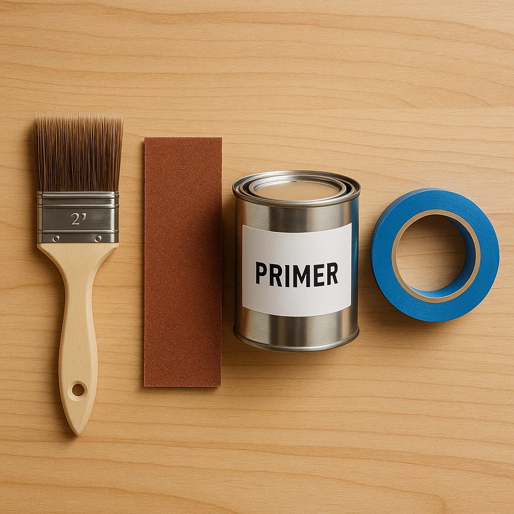 Paintbrush, sandpaper, primer can, and masking tape on a wooden surface.