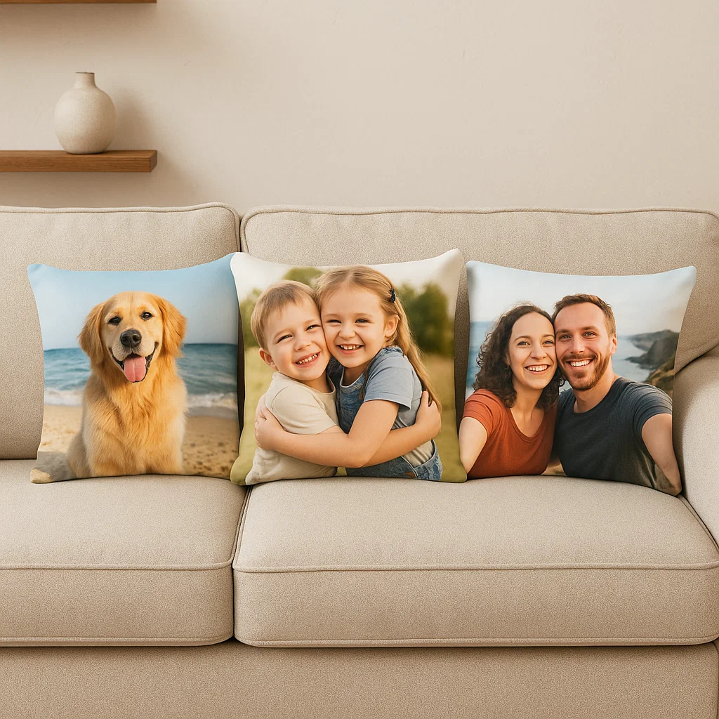 Beige sofa with three photo cushions of dog, kids, and couple