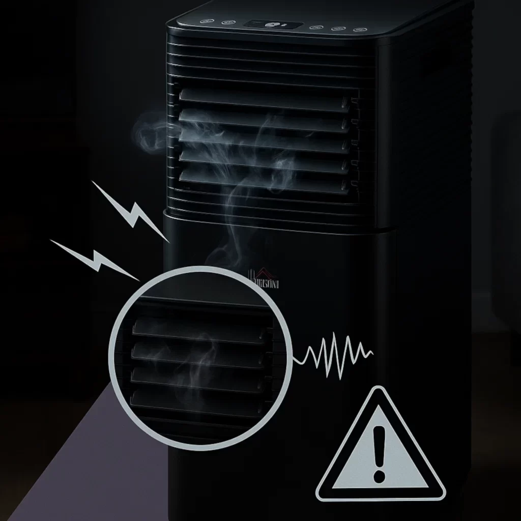 Portable AC with blower fan malfunction and warning sign.