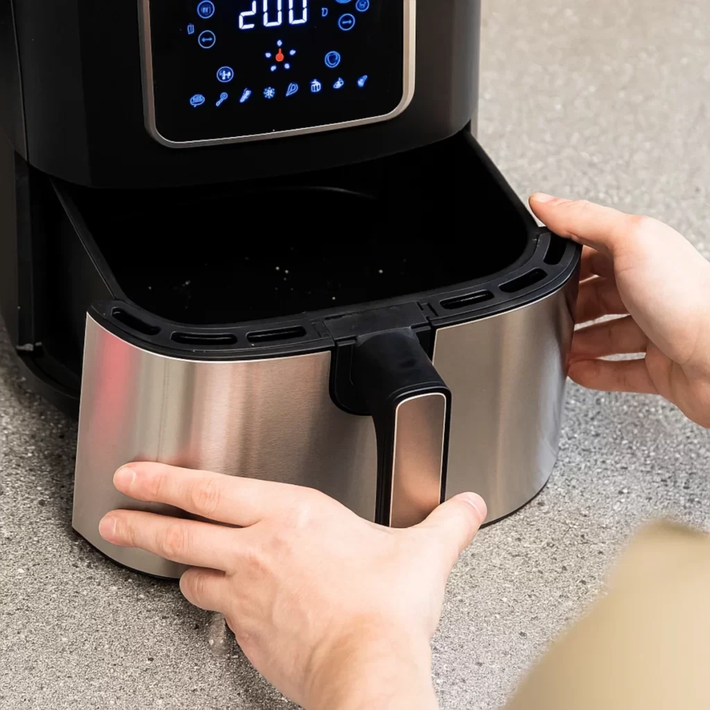 Hands adjusting stainless steel air fryer basket drawer