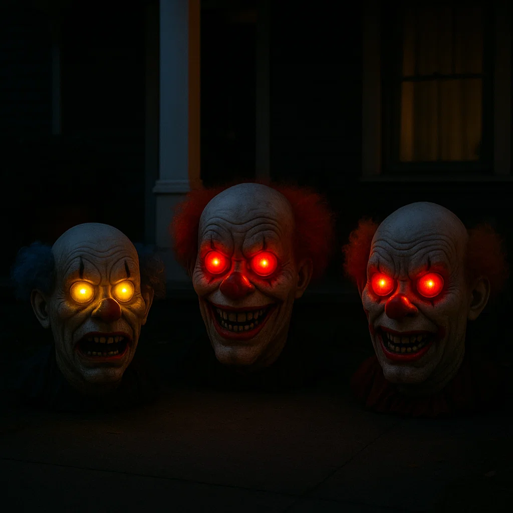 Creepy clown heads with glowing red and yellow eyes.