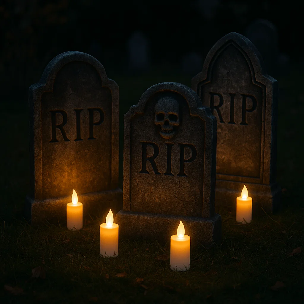 Tombstones surrounded by flickering LED candles at night
