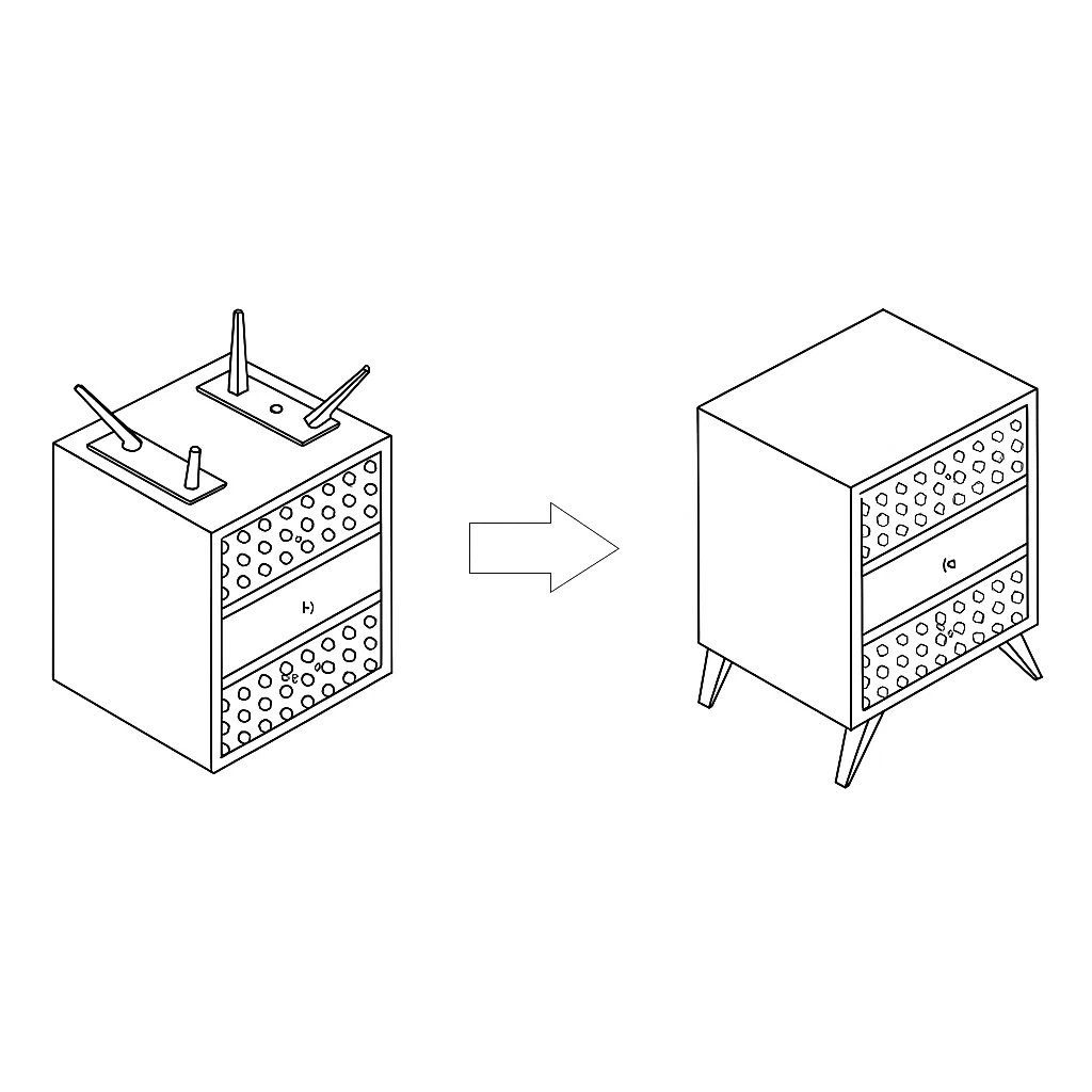 Bedside cabinet turned over showing legs being fixed to base.