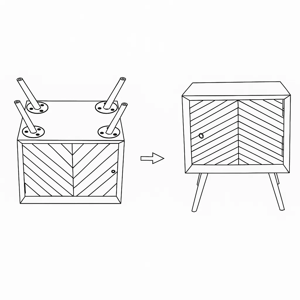 Cabinet flipped upside after attaching the angled metal legs.
