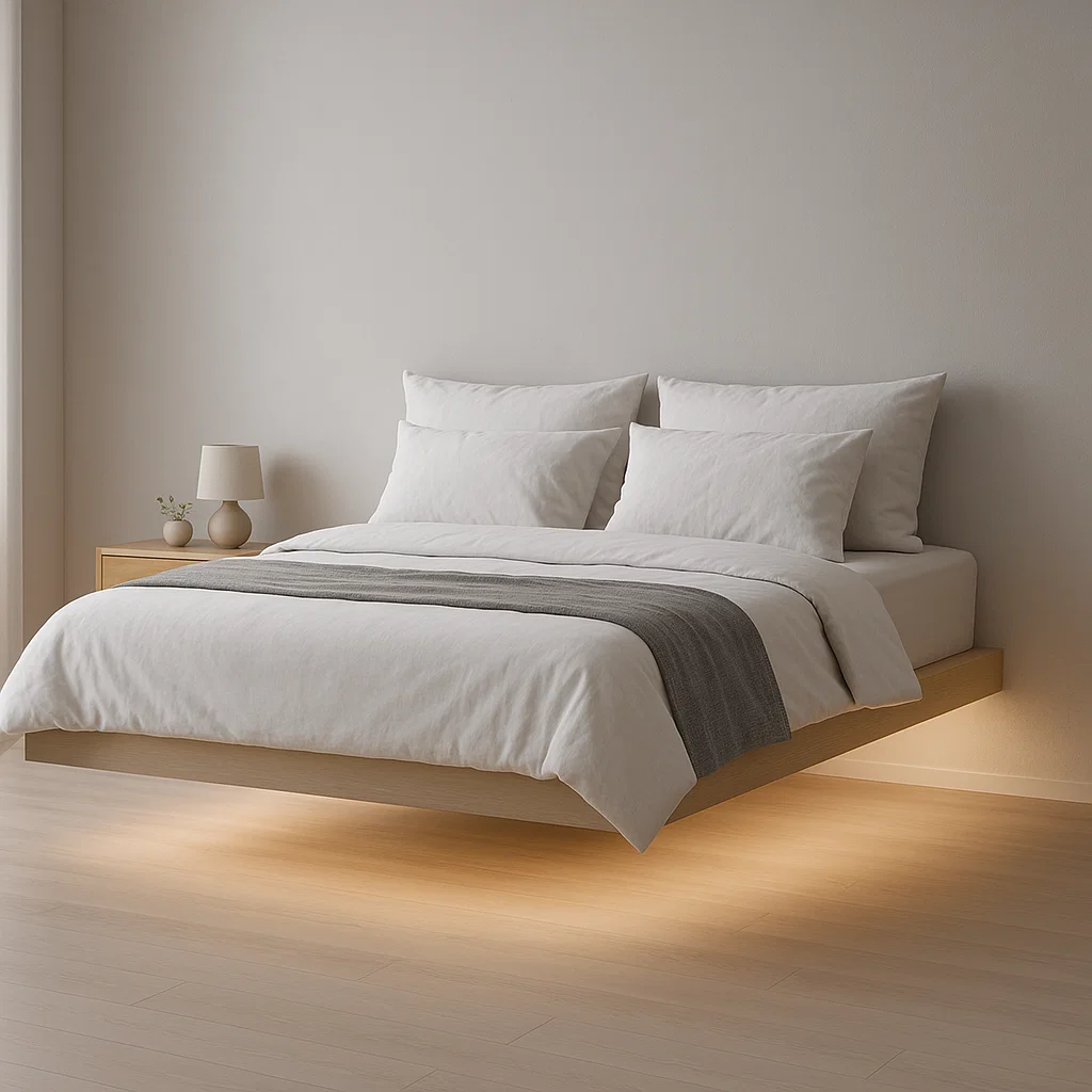 Floating bed frame with LED lighting for a sleek, minimalist, modern look.
