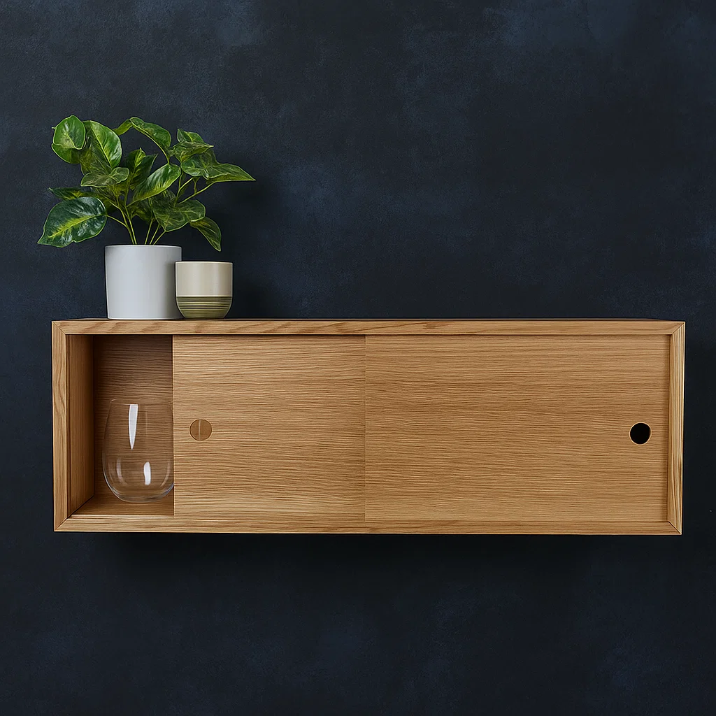 Wooden floating wall cabinet with sliding doors and decor