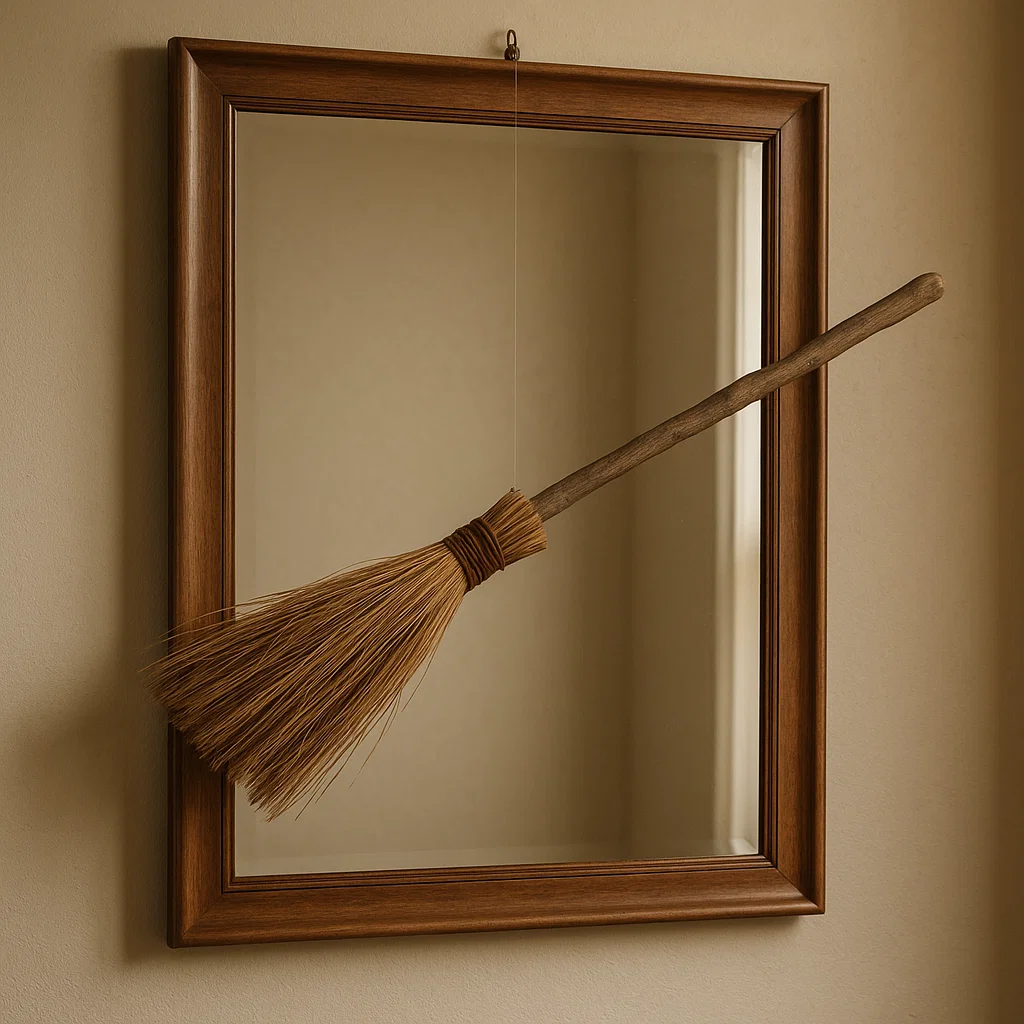 Wooden broomstick suspended inside a plain framed mirror.