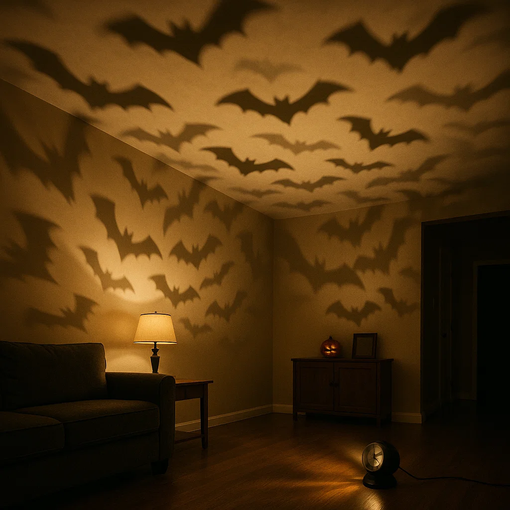 Bat shadows projected on living room wall and ceiling