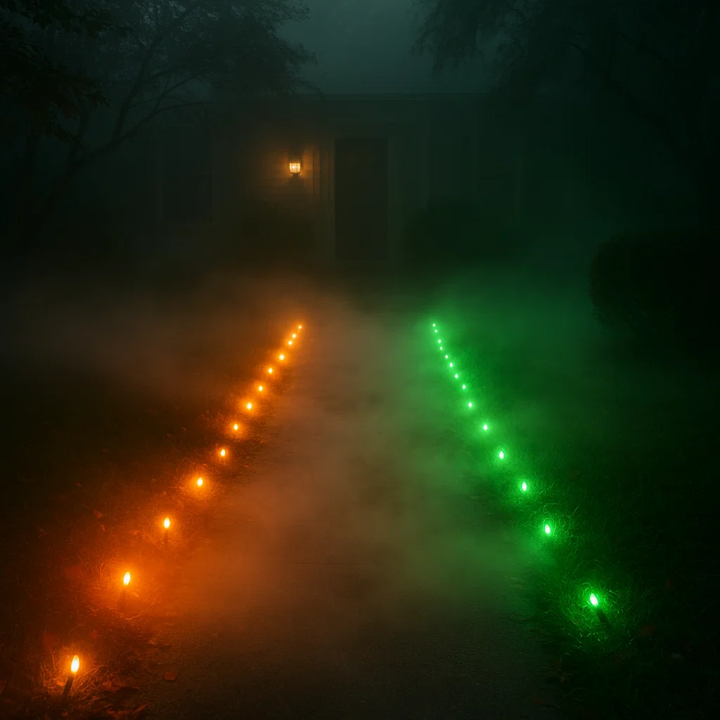 Orange and green LED pathway lights glowing in fog